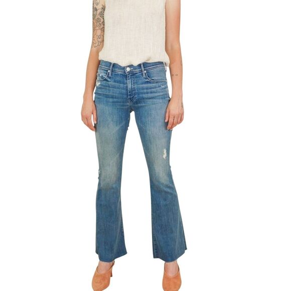 Mother Light Blue Denim The Weekender Fray Graffiti Girl Bootcut Jeans Size 27 - Picture 1 of 7
